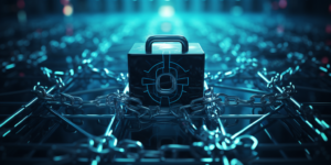 An AI generated image of a lock standing guard in a tech world