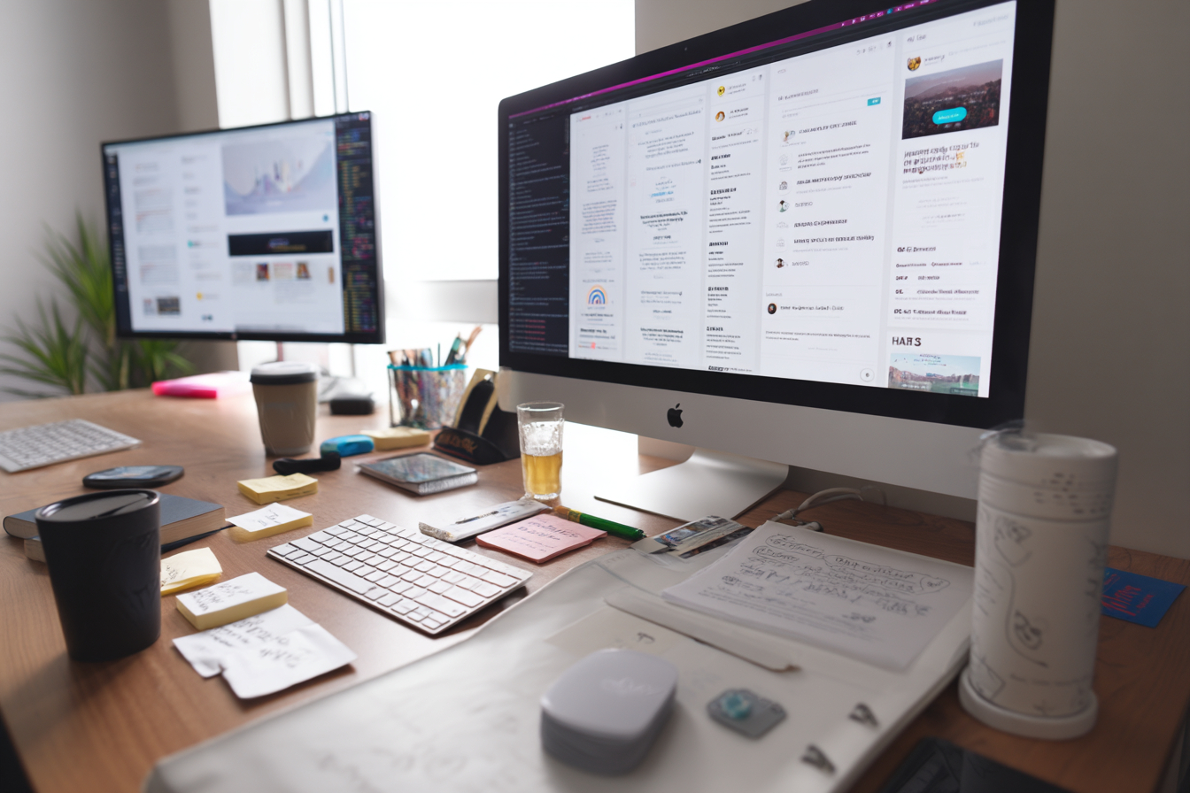 A computer with cluttered work on the desk.