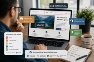 Website accessibility audit showing WAVE tool results with issues like missing alt text, low contrast, and poor navigation on a business website