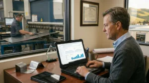 A manufacturer reviews Google Analytics in a back office of the industrial plant.