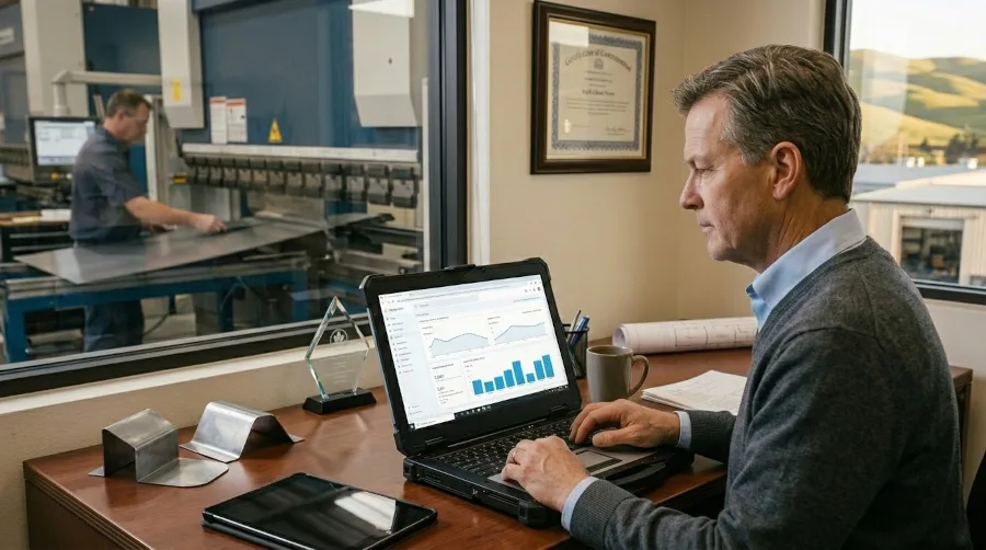 A manufacturer reviews Google Analytics in a back office of the industrial plant.
