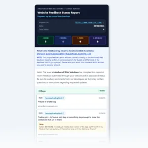 Anchored Web Solutions status report dashboard displaying tracked feedback items, dedicated submission email, and task status cards.